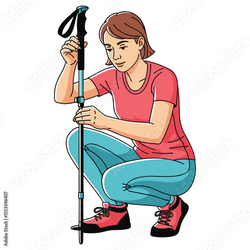 Woman adjusting trekking poles for outdoor adventure preparation cartoon illustration