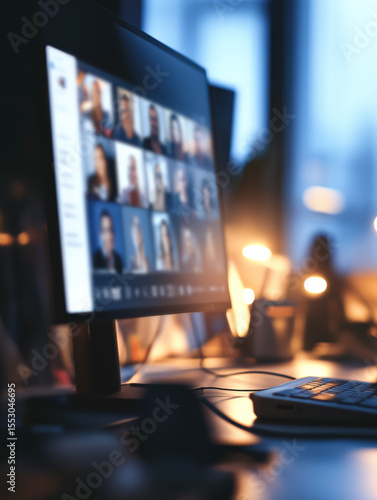 Blurred computer screen showing video conference at dusk in home office. Remote teamwork, digital communication and hybrid workspace
