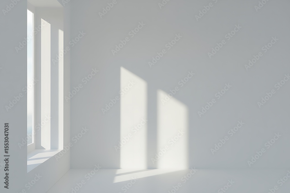 Fototapeta premium Sunlight streams through tall windows casting geometric shadows on clean white walls of an empty room
