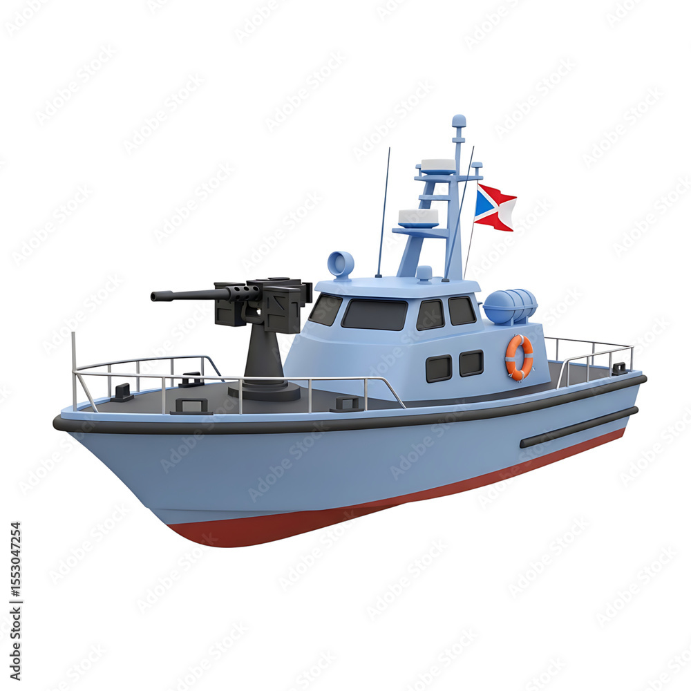 Obraz premium a detailed 3d model of a small armed patrol boat isolated on a transparent background with realistic features.