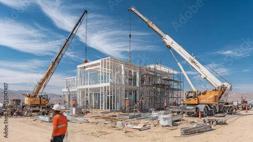 Construction site featuring cranes lifting materials for a new house under a bright blue sky.