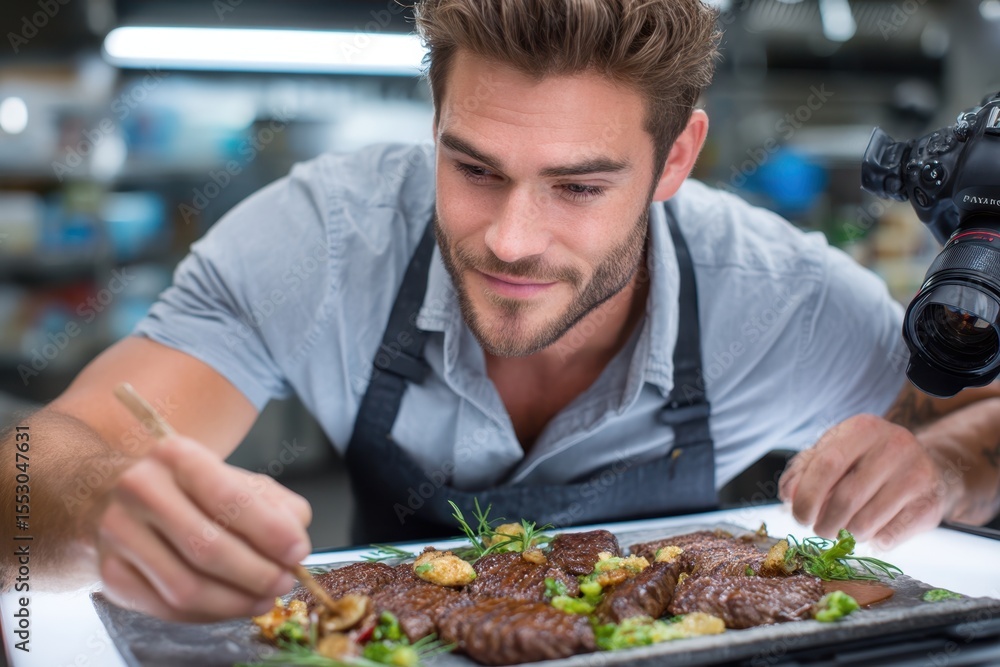 Chef meticulously plating gourmet dishes in a modern kitchen setting at dusk Chef meticulously plating gourmet dishes in a modern kitchen setting at dusk