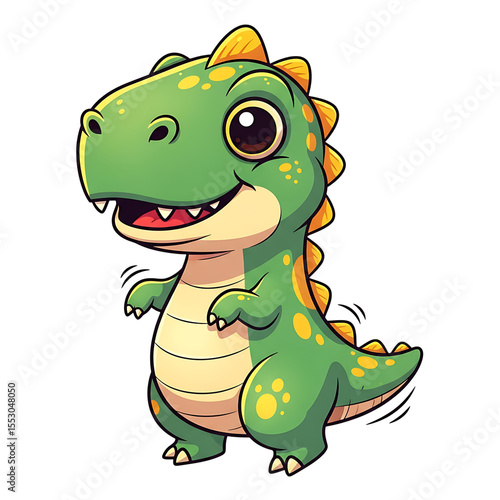 cute cartoon dinosaur character with green body and big eyes in a playful pose.