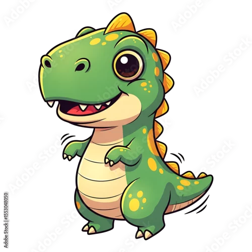 Obraz cute cartoon dinosaur character with green body and big eyes in a playful pose.