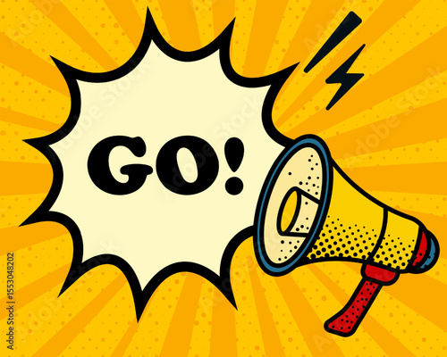 Go speech bubble. Megaphone, lightning, speech burst, sound lines, pop art style, loudspeaker, public speaking, yellow background, expression, voice, alert, broadcast