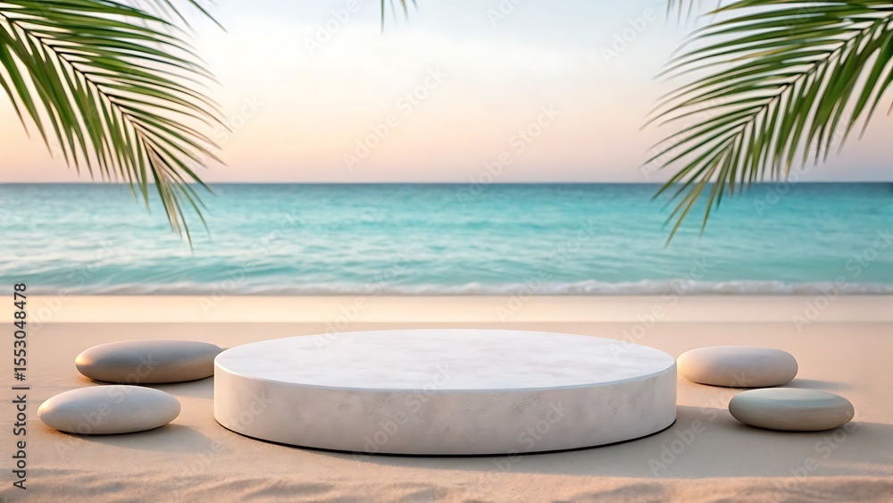 Obraz premium Empty stone podium on sandy beach with palm leaves and ocean background