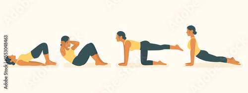 Indoor workout icon. Female performing glute bridge, crunches, bird-dog, and cobra positions. Engages core, flexibility, spinal mobility, and abdominal power.