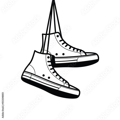 Hanging Sneakers Line Art Style Illustration on White Background