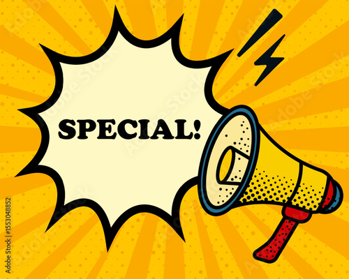Special speech bubble. Megaphone, lightning, speech burst, sound lines, pop art style, loudspeaker, public speaking, yellow background, expression, voice, alert, broadcast