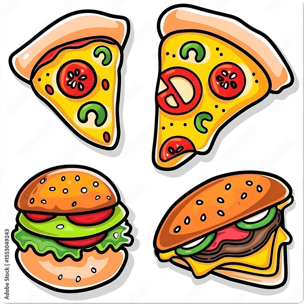 Whimsical Cartoon Food Illustration Featuring Pizza Slices and Burgers for Fun Designs Whimsical Cartoon Food Illustration Featuring Pizza Slices and Burgers for Fun Designs