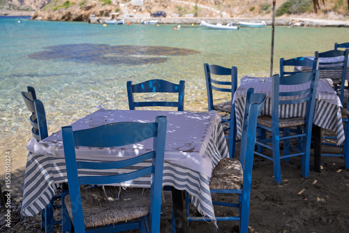 Traditional Greek taverna on the beach, Porto Kagio, East Mani, Peloponnese, Greece, Europe