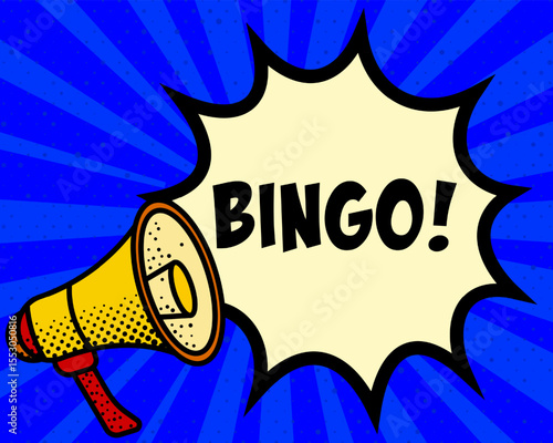 Bingo announcement speech bubble. Megaphone, speech burst, comic style, bright background, communication element, expression tool, voice projection, information sharing, pop art design.
