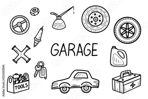 Car garage set. Hand drawn doodle vector. Vehicle repair business equipment. Mechanic tools. Tire change. Oil, spark plug, steering wheel, gasoline, wrench. Auto service. Illustration line art.