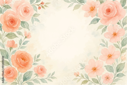 Vintage floral background with romantic pink roses, elegant frame, and decorative hearts for a wedding or Valentine's Day card design