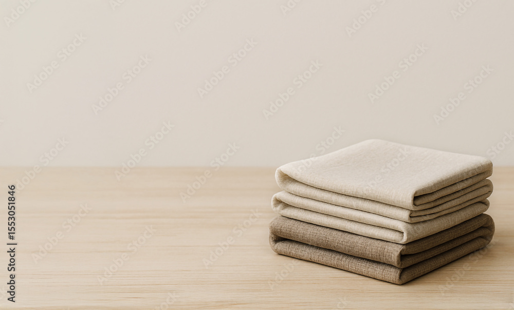 Stack of folded linen towels in natural beige and brown tones on a wooden surface. Minimalist composition with soft lighting and neutral background. Stack of folded linen towels in natural beige and brown tones on a wooden surface. Minimalist composition with soft lighting and neutral background.