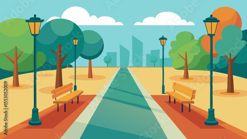 Urban City Park Pathway Vector Flat Design with Trees and Benches