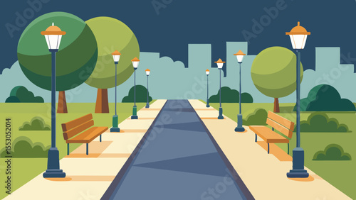 Urban City Park Pathway Vector Flat Design with Trees and Benches
