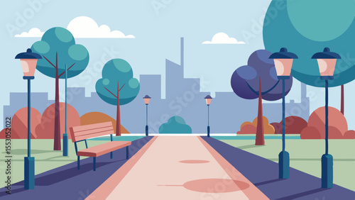 Urban City Park Pathway Vector Flat Design with Trees and Benches