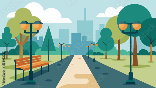 Urban City Park Pathway Vector Flat Design with Trees and Benches