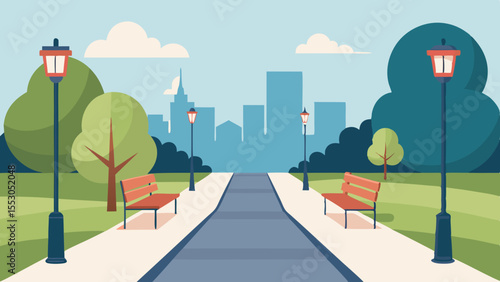 Urban City Park Pathway Vector Flat Design with Trees and Benches