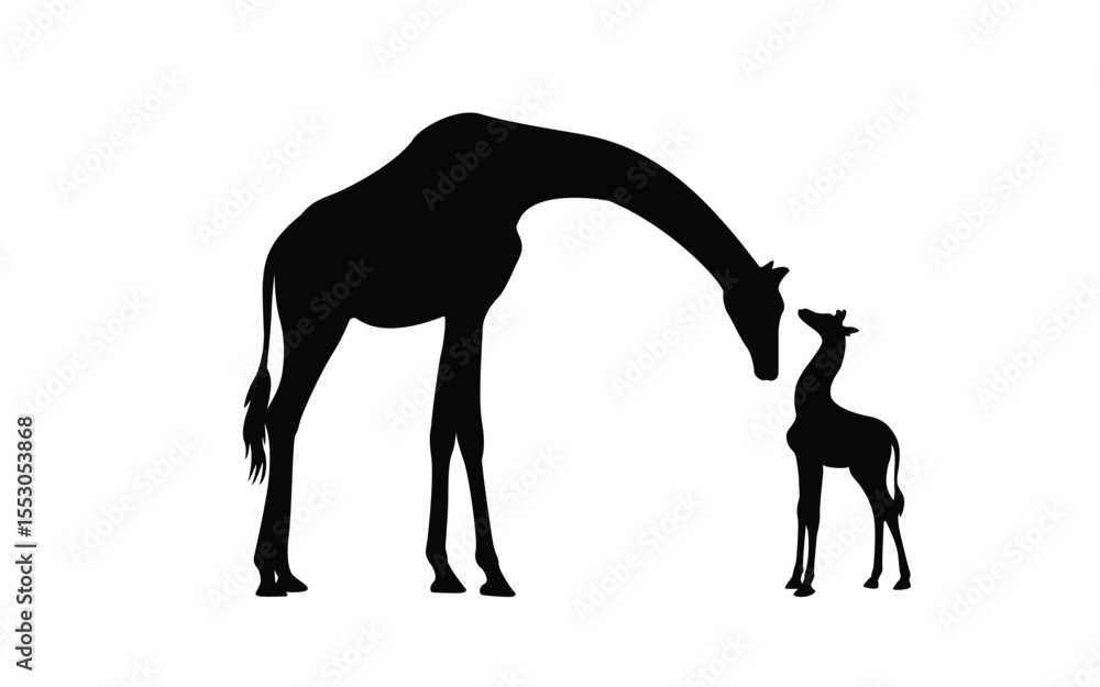 Obraz premium Silhouette of mother giraffe and baby, isolated background. Vector illustration.