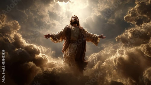Photorealistic depiction pushing towards Jesus' ascension surrounded by radiant clouds, evoking a sense of divine majesty and serenity. Inspired by biblical accounts of ascension.
