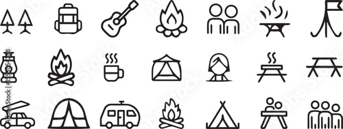 Camping Icons Set with Tent Fire Backpack Picnic and Outdoor Symbols