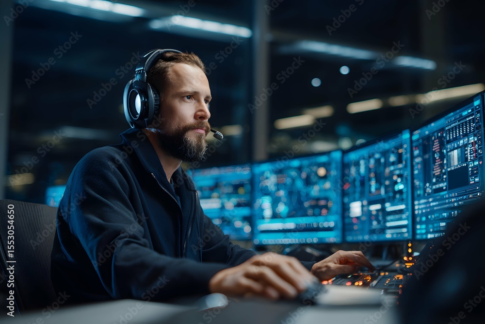 Tech-savvy supervisor in a sleek command center expertly monitoring high-tech systems. Tech-savvy supervisor in a sleek command center expertly monitoring high-tech systems.