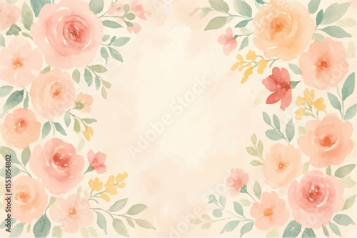 Vintage floral background with romantic pink roses, elegant frame, and decorative hearts for a wedding or Valentine's Day card design