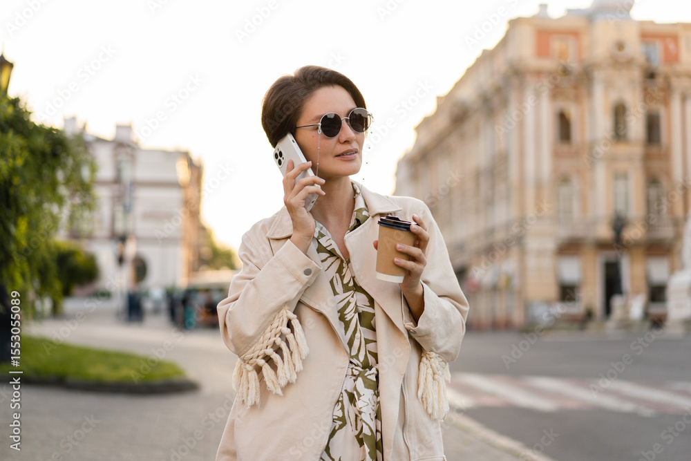 Fototapeta premium stylish beautiful woman walking in city street summer fashion trend