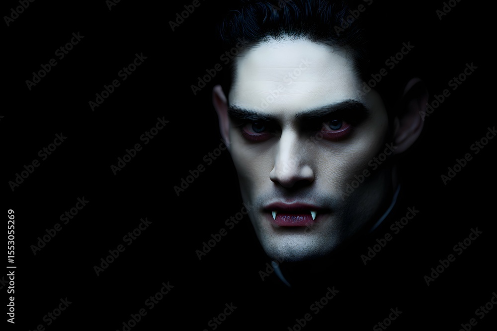 Spooky portrait of a pale guy with fangs, sharp eyes, classy dark suit, under moody lights. Spooky portrait of a pale guy with fangs, sharp eyes, classy dark suit, under moody lights.