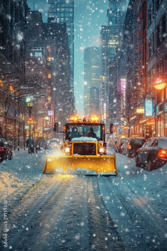 Obraz premium Snowplow pushing through snow in city evening