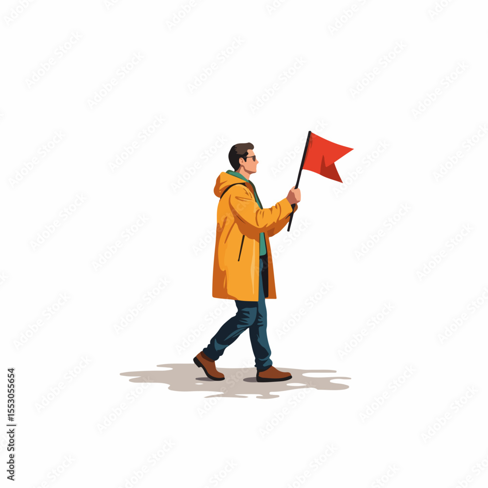 City tour guide with red flag leading walking tour. Person in yellow coat showing direction. Tourist guide leads group on sightseeing adventure. City tour guide with red flag leading walking tour. Person in yellow coat showing direction. Tourist guide leads group on sightseeing adventure.