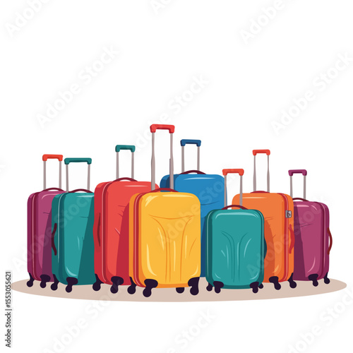 Colorful suitcases lined up in hotel lobby. Bright luggage collection for summer vacation travel.  A row of colorful suitcases is perfect for travel agency brochures and tourism advertising.