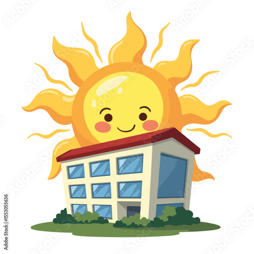 Smiling sun peeking behind cartoon hotel building. Happy sunny day illustration perfect for summer vacation brochures and travel agencies.