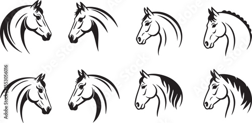 Horse head vector black silhouette lineart logo icon bundle, animal isolated on white background