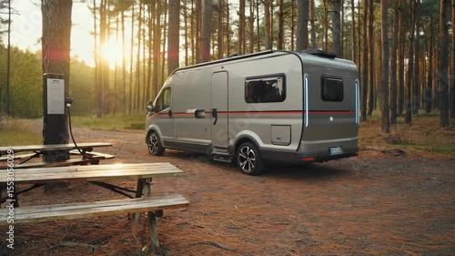 A silver camper van parked at a campground in a forest. An EV charging station is nearby. The scene is tranquil, surrounded by tall trees and pine needles on the ground.