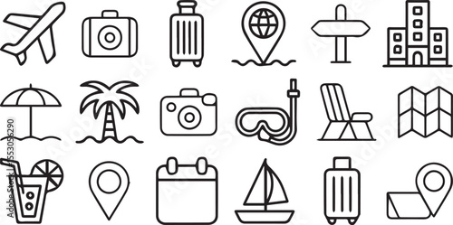 Travel and Vacation Icons Set with Airplane Luggage Map and Beach Elements