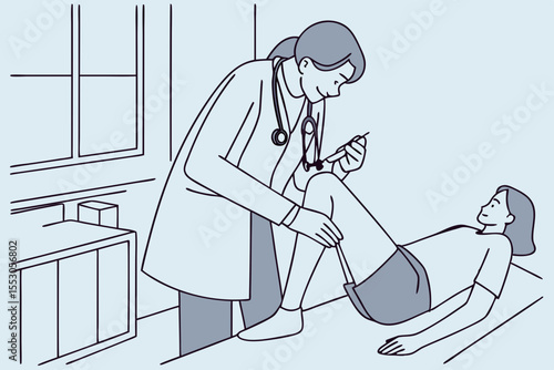 Mid section of doctor examining patient knee in clinic