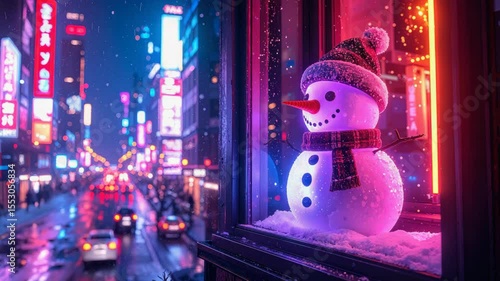 Glowing snowman displaying in shop window during snowy christmas night.