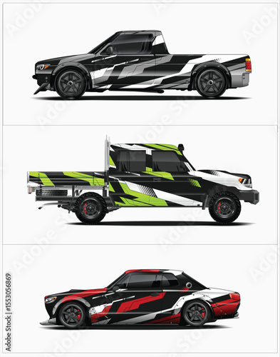 Three Customized Vehicles with Unique Wraps and Modifications on a White Background