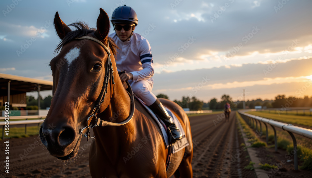 Fototapeta premium Jockey riding brown thoroughbred horse on racetrack during sunset with dramatic sky and blurred background