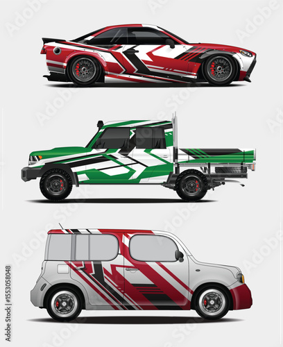 Three Cars with Geometric Wraps Sports Car Truck and Compact Vehicle