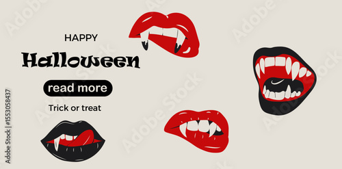 Web page design template. Glamorous set of vampire lips featuring blood red color and sharp fangs, offering a bold and dramatic look	