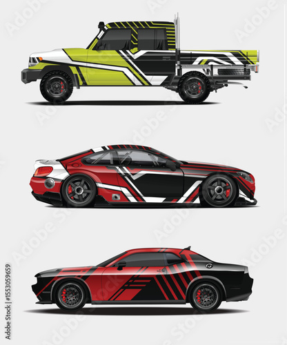 Three Digitally Rendered Vehicles with Custom Graphics on a White Background