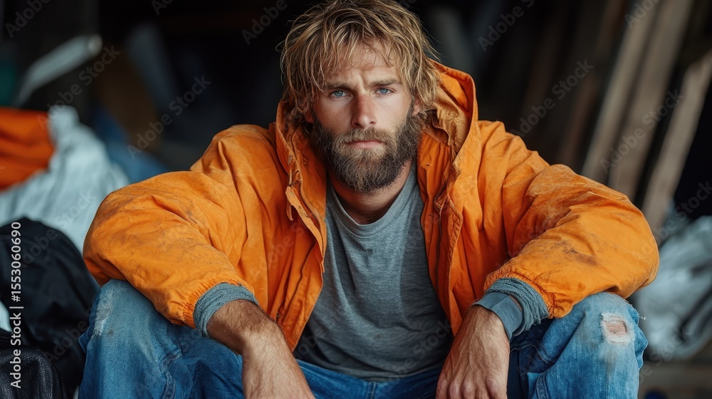 A rugged man with a textured beard and tousled hair wears an orange jacket, portraying a sense of adventure and connection with nature in a casual outdoor setting. A rugged man with a textured beard and tousled hair wears an orange jacket, portraying a sense of adventure and connection with nature in a casual outdoor setting.
