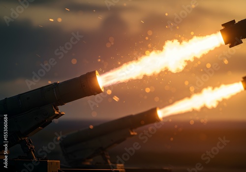 Wallpaper Mural Dramatic portrayal of artillery rockets launching with fiery trails against a dusky sky, symbolizing powerful defense and strategic military operations in an 8k photograph Torontodigital.ca