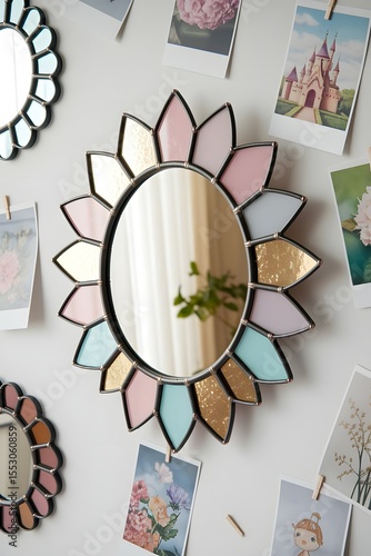 Wallpaper Mural Handmade sunburst mirror with pastel colored glass petals, decorative wall art, perfect for bohemian or eclectic home decor, reflecting light and adding charm Torontodigital.ca