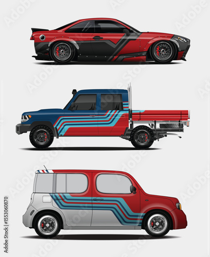 Three Custom Cars with Unique Designs and Color Schemes on a White Background