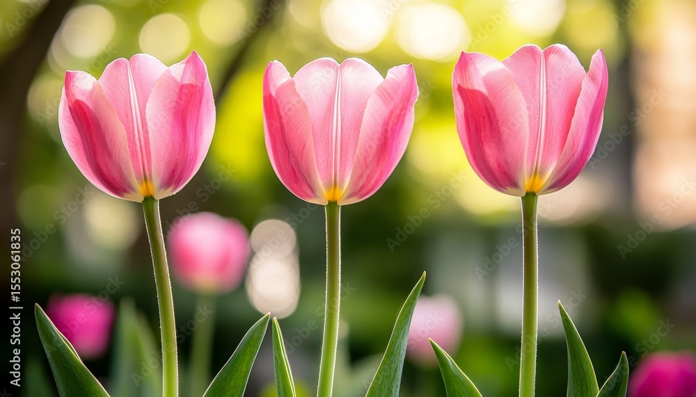 Fototapeta premium Three Beautiful Pink Tulips Blooming Gracefully in a Sunlit Garden, Showcasing Nature s Elegance